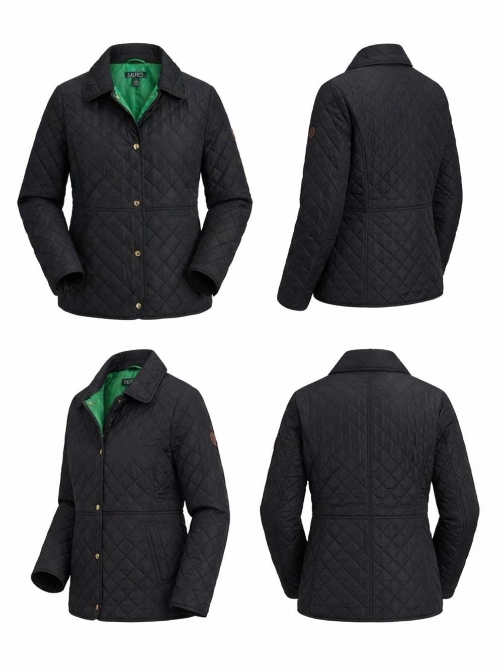 Lauren Ralph Lauren Women’s Large Black Quilted Jacket Green Lining Gold Snap - Picture 4 of 13